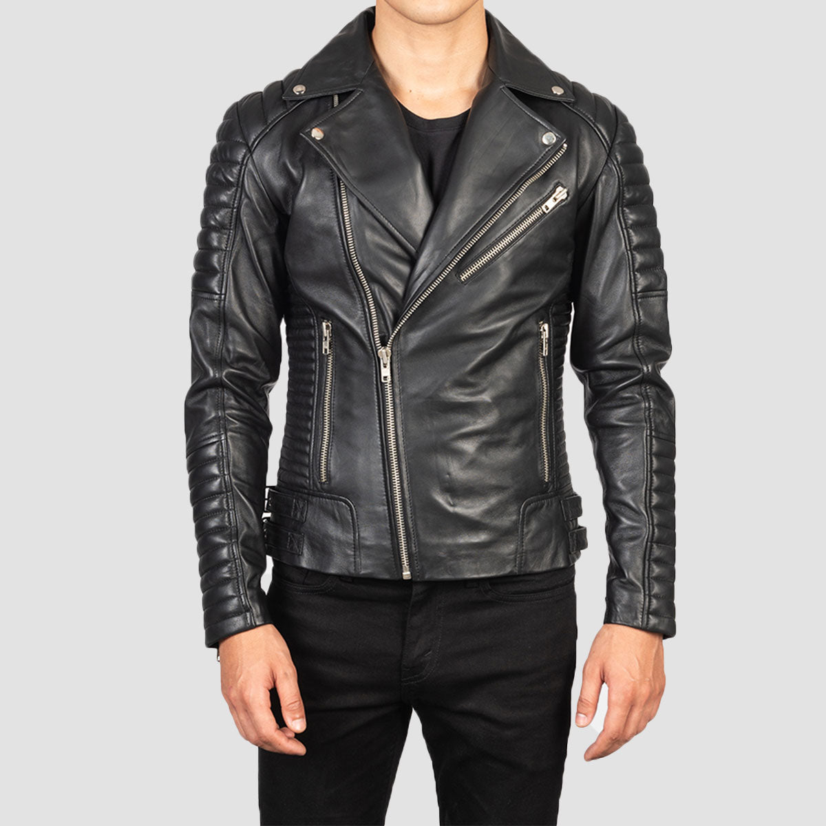 Men Black Leather Cafe Racer Biker Leather Jacket