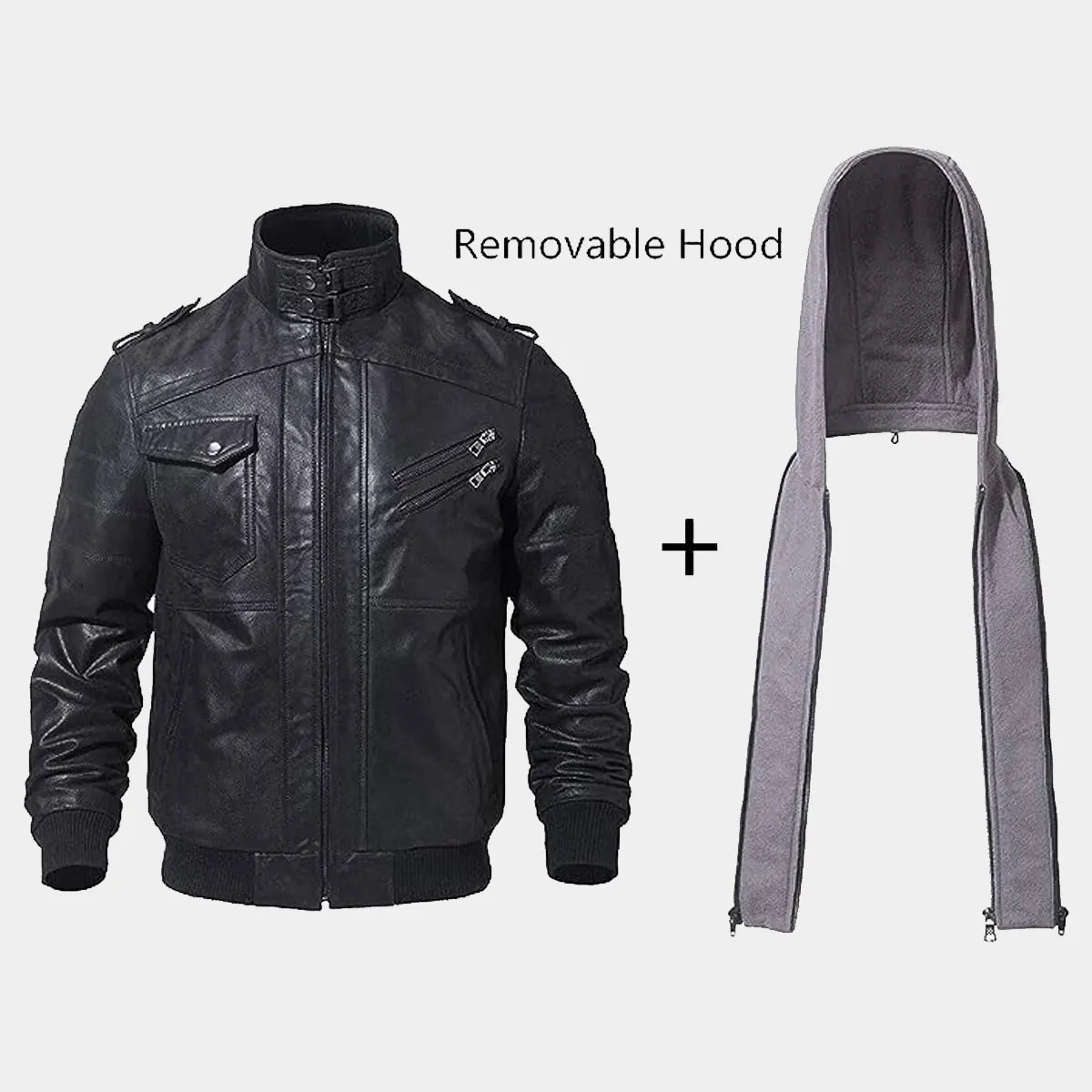 Leather bomber style jacket with grey hood