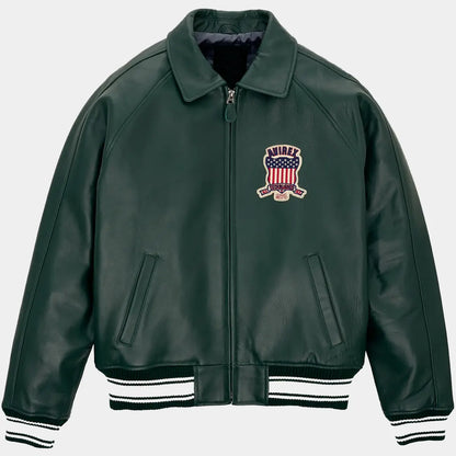 Men Bomber Jacket American FlightBasketBallGreenRealLeatherJacket