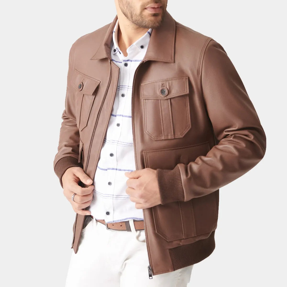 Brown Leather bomber jacket 
