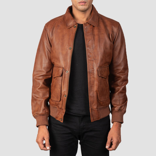 Men Brown Leather Bomber A2 Jacket