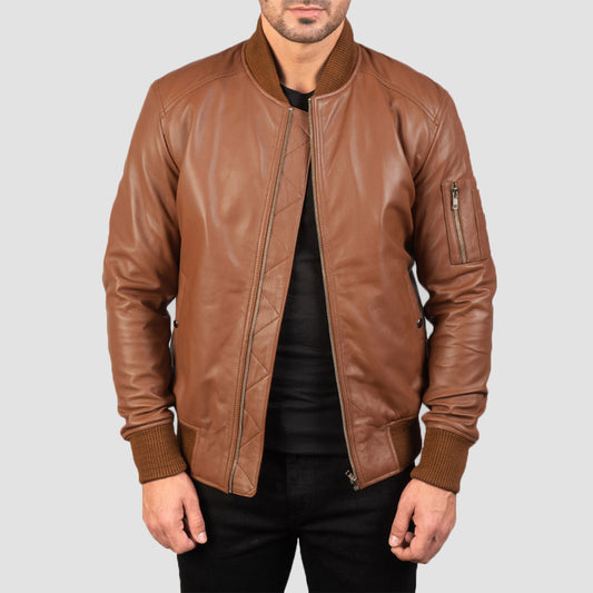 BROWN Genuine Lambskin Leather Bomber Jacket