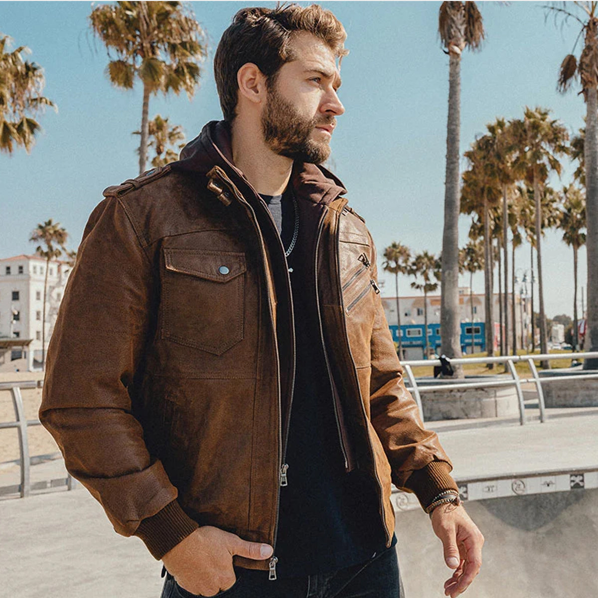 Mens Brown Hooded leather jacket 