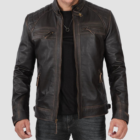 Brown Shoulder quilted leather jacket men 