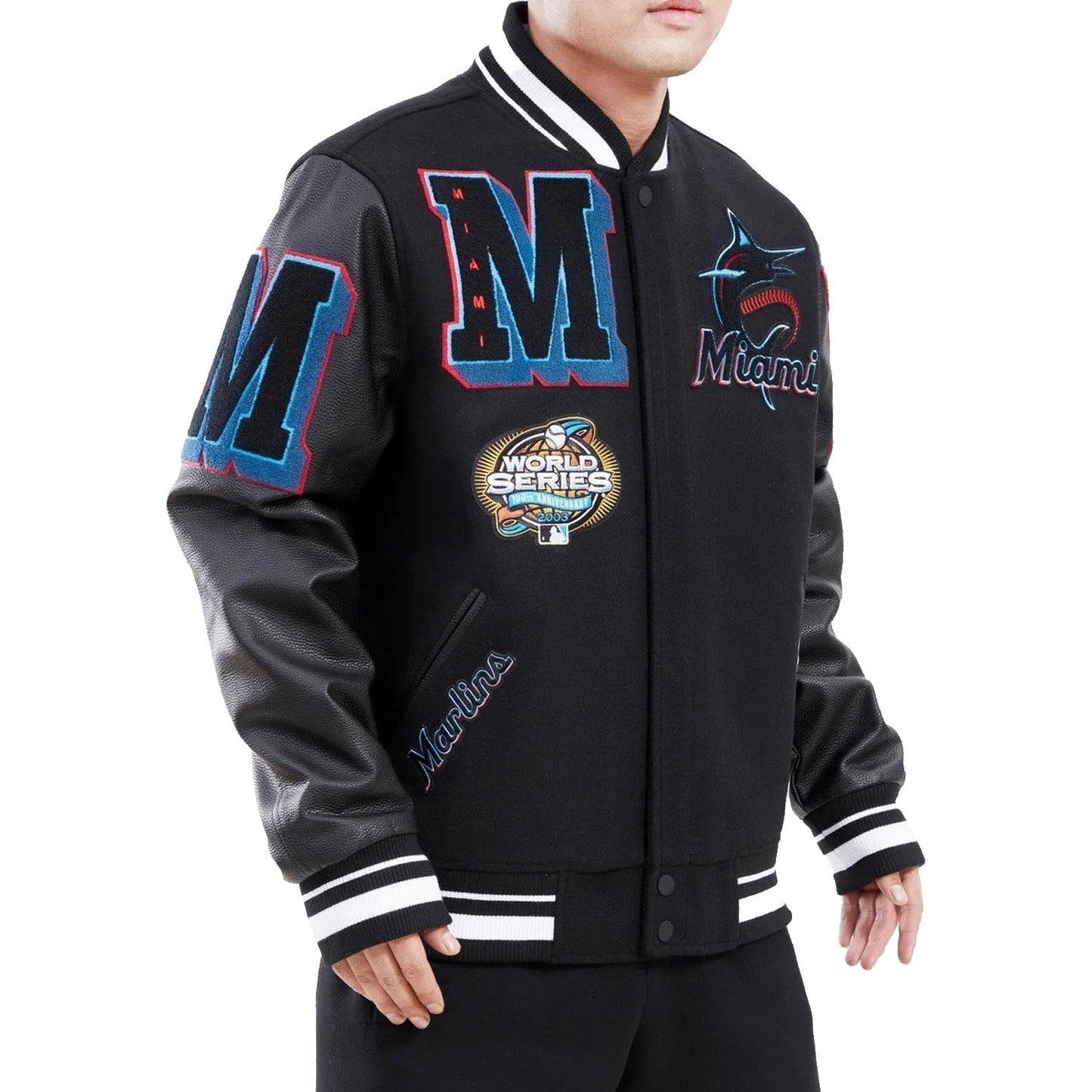 Men's Miami Marlins Mash Up Logo Varsity Jacket