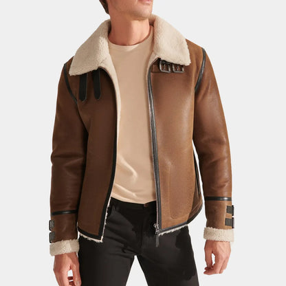 Faux Fur Brown leather shearling b3 bomber Aviator jacket  