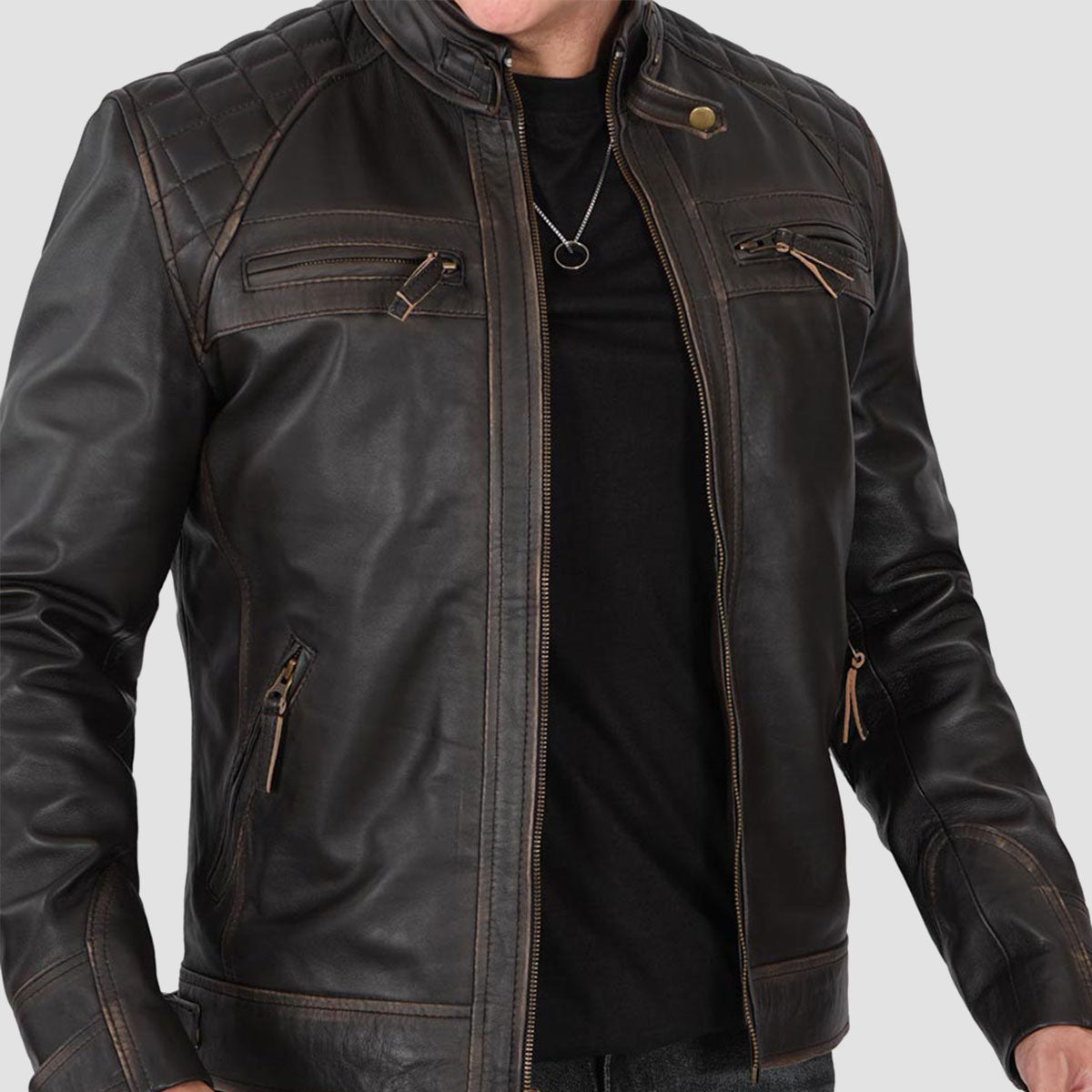 Men Tall Biker Brown Distressed Leather Jacket