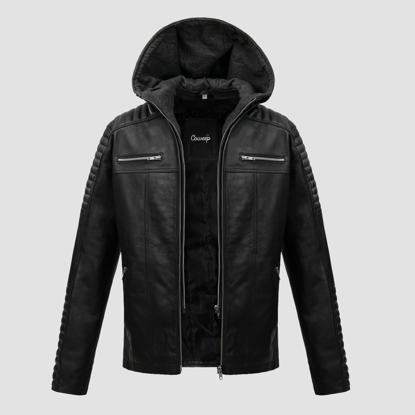 Men hooded Black Leather Jacket Removable Hoodie