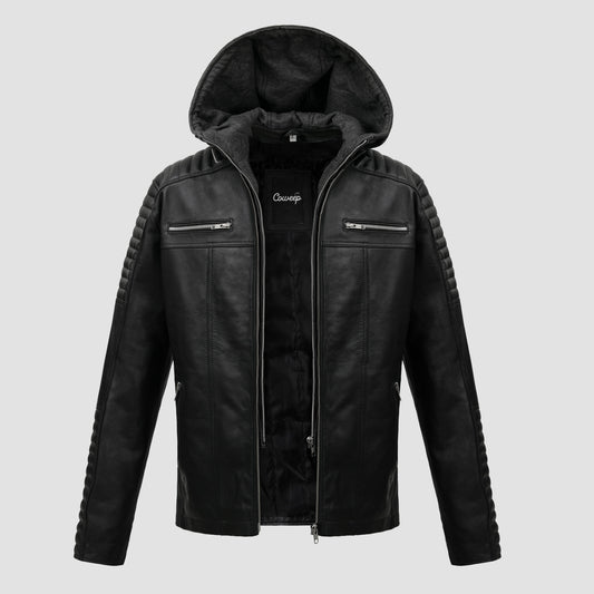 Hooded leather Jacket for men Black Real leather 