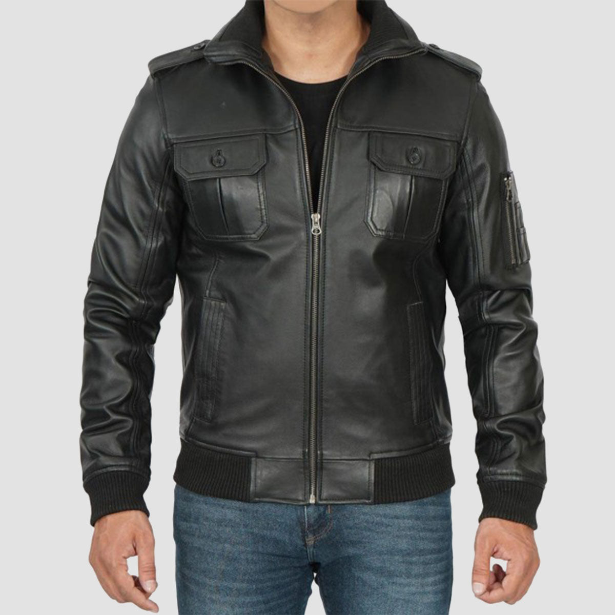 Men Black Vintage Leather Bomber Jacket