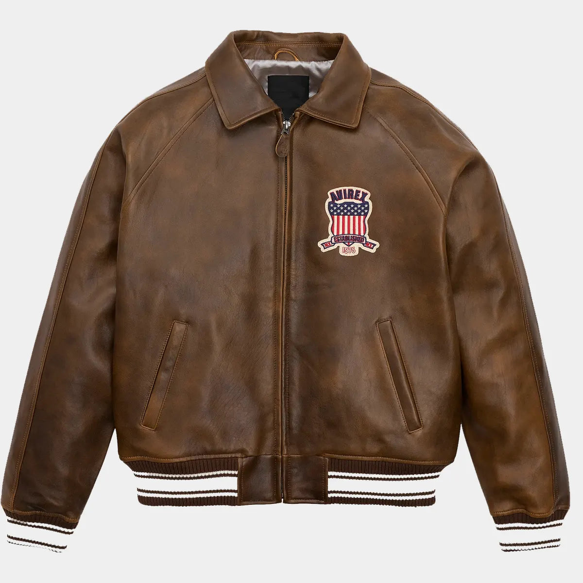 Mens Avirex Brown Bomber American Flight Lamb Leather Jacket
