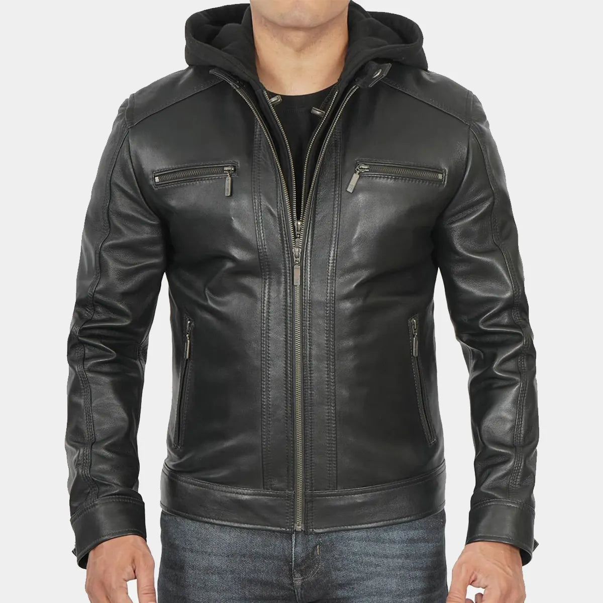 Men Black Leather Jacket with Removeable hood