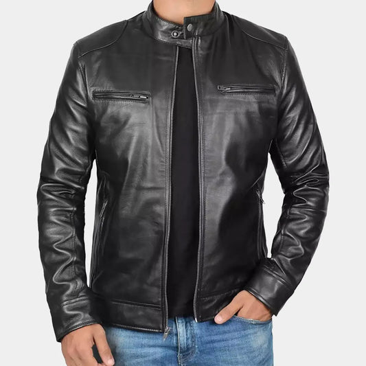 Dodge Mens Cafe Racer Black Leather Jacket