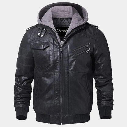 Mens Real Leather jacket black wot removeable hood