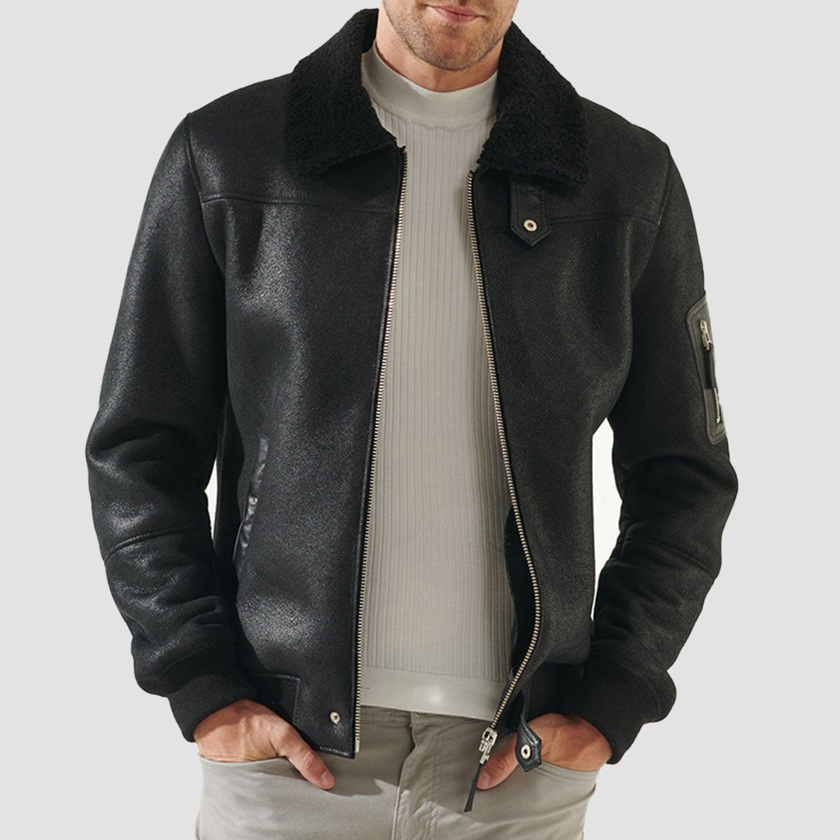 Men's Aviator B3 Fur Shearling Bomber Flying Pilot Black Real Sheepskin Leather Jacket