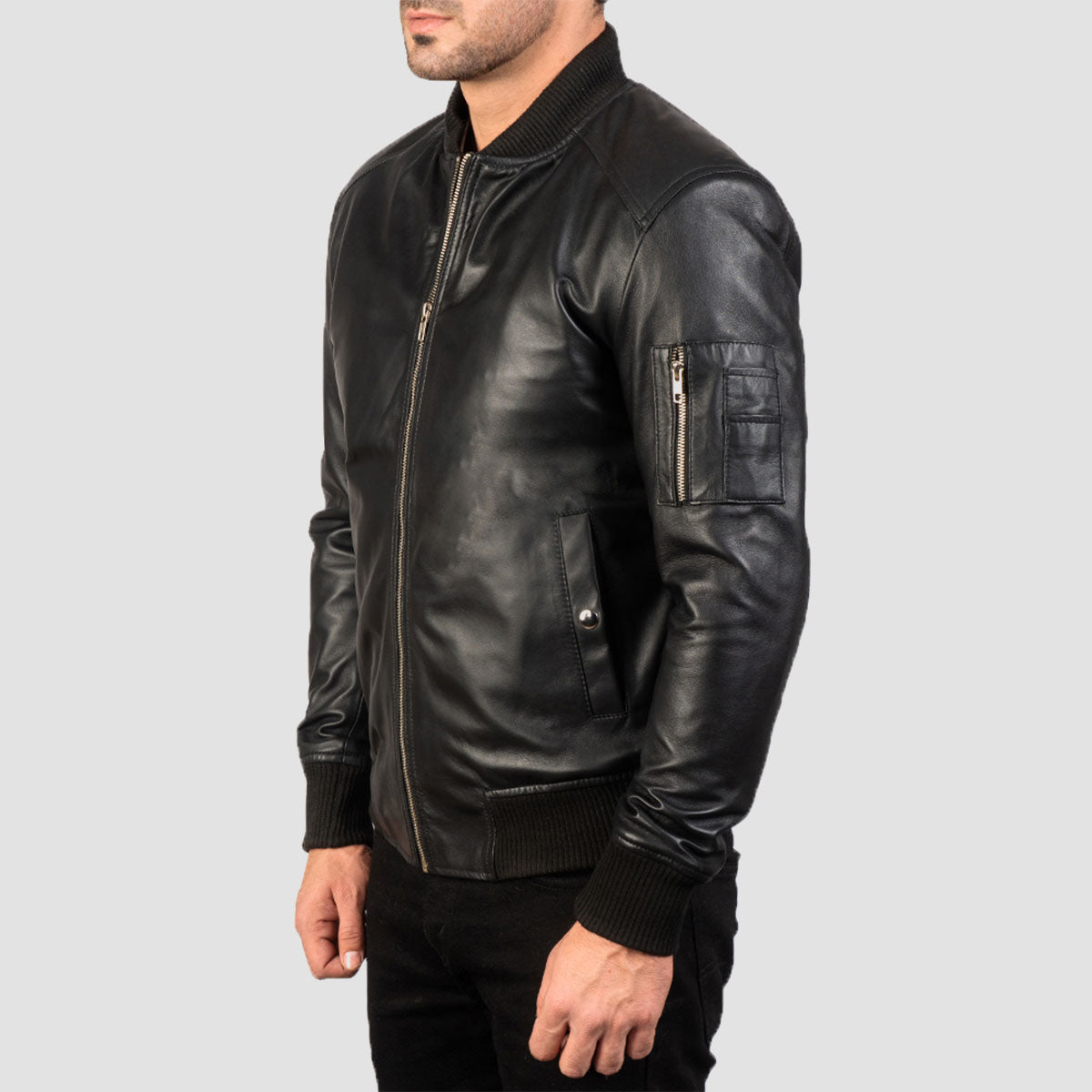 Black Leather Bomber Jacket for Men