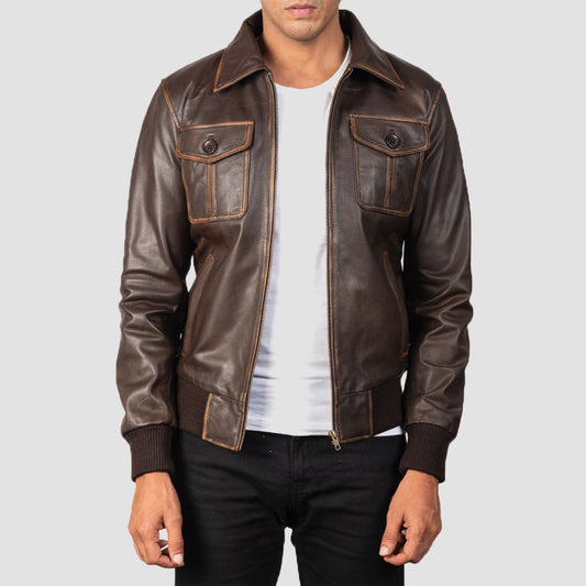 Mens Brown Leather Bomber Jacket Mikal