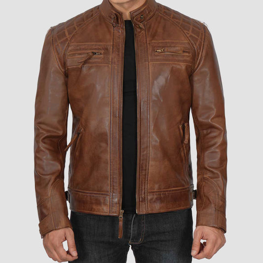 Cafe Racer quilted Brown Genuine Leather jacket 