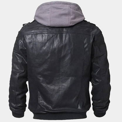 Men Black hooded leather Jacket 