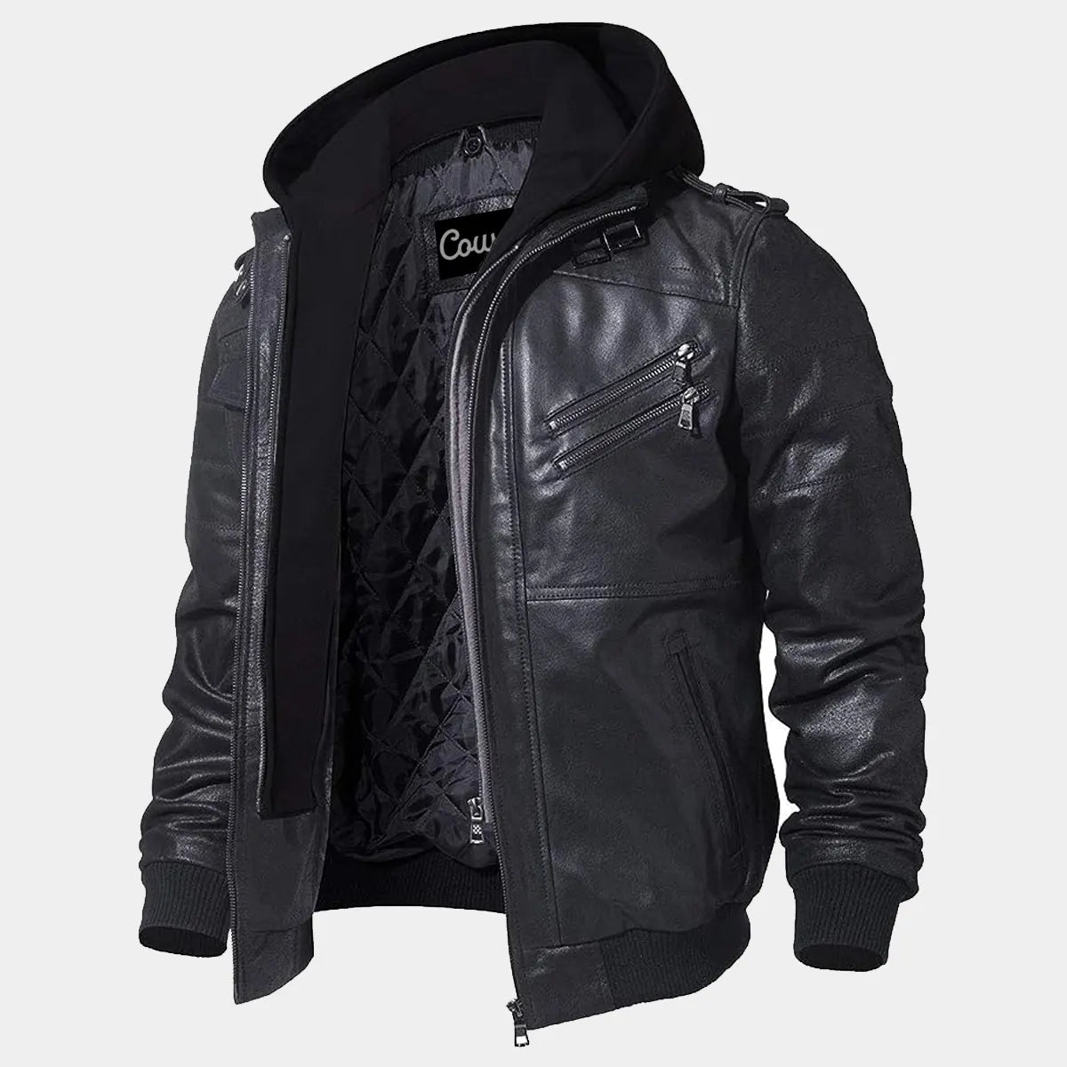 Mens Leather Bomber Jacket with hood