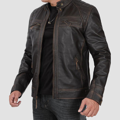 Mens Quilted Cafe Racer Distressed Brown Leather Jacket