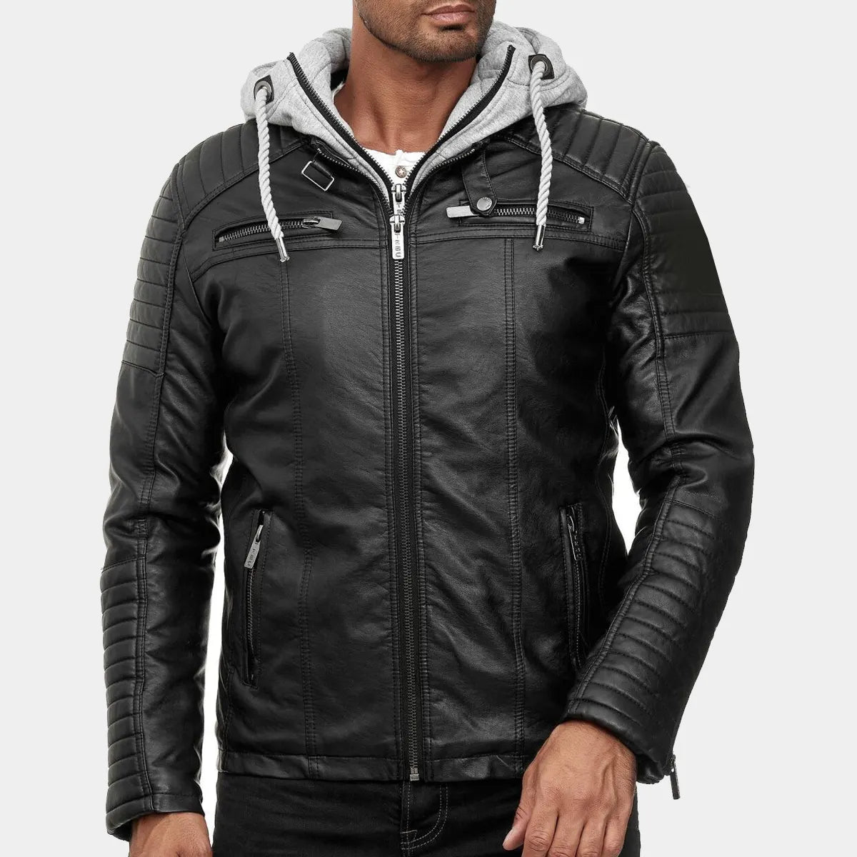 MensRealLeatherJacketTransitionBikerJacketwithHooded