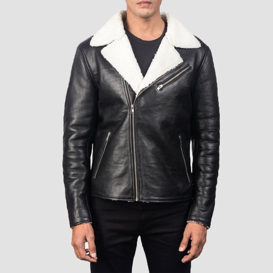 Black Shearling fur inside winter leather jacket men 