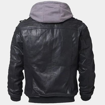 Mens Hooded Leather Jacket in Black