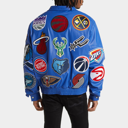 Nba Collage Blue  Leather Jacket JEFF HAMILTON