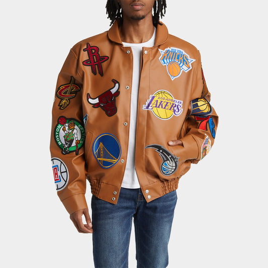 NBA Collage Vegan Leather Jacket Camel X Jeff Hamilton