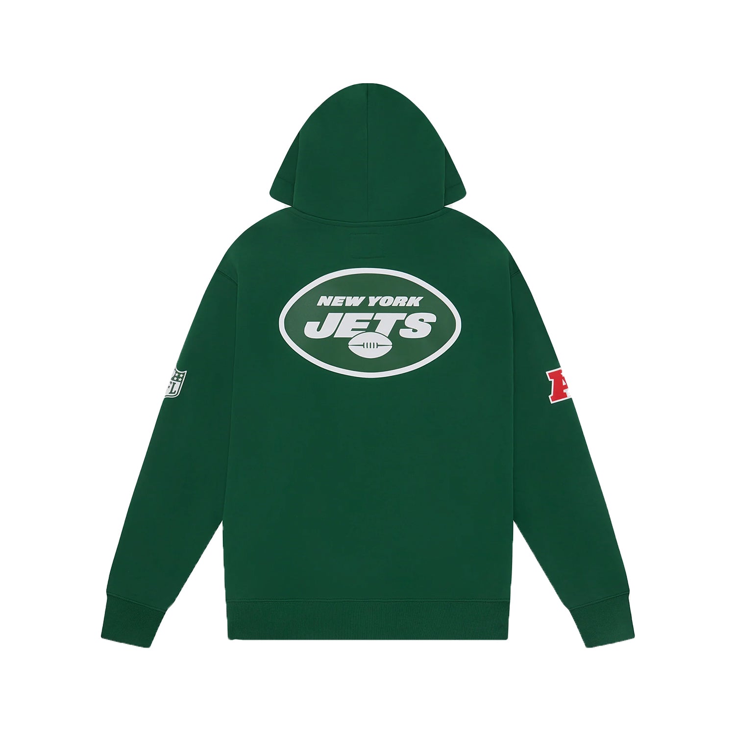 Back view of a green New York Jets hoodie with the team logo printed on the hood and back