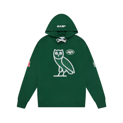 Front view of a green New York Jets hoodie with the team logo printed on the hood and back