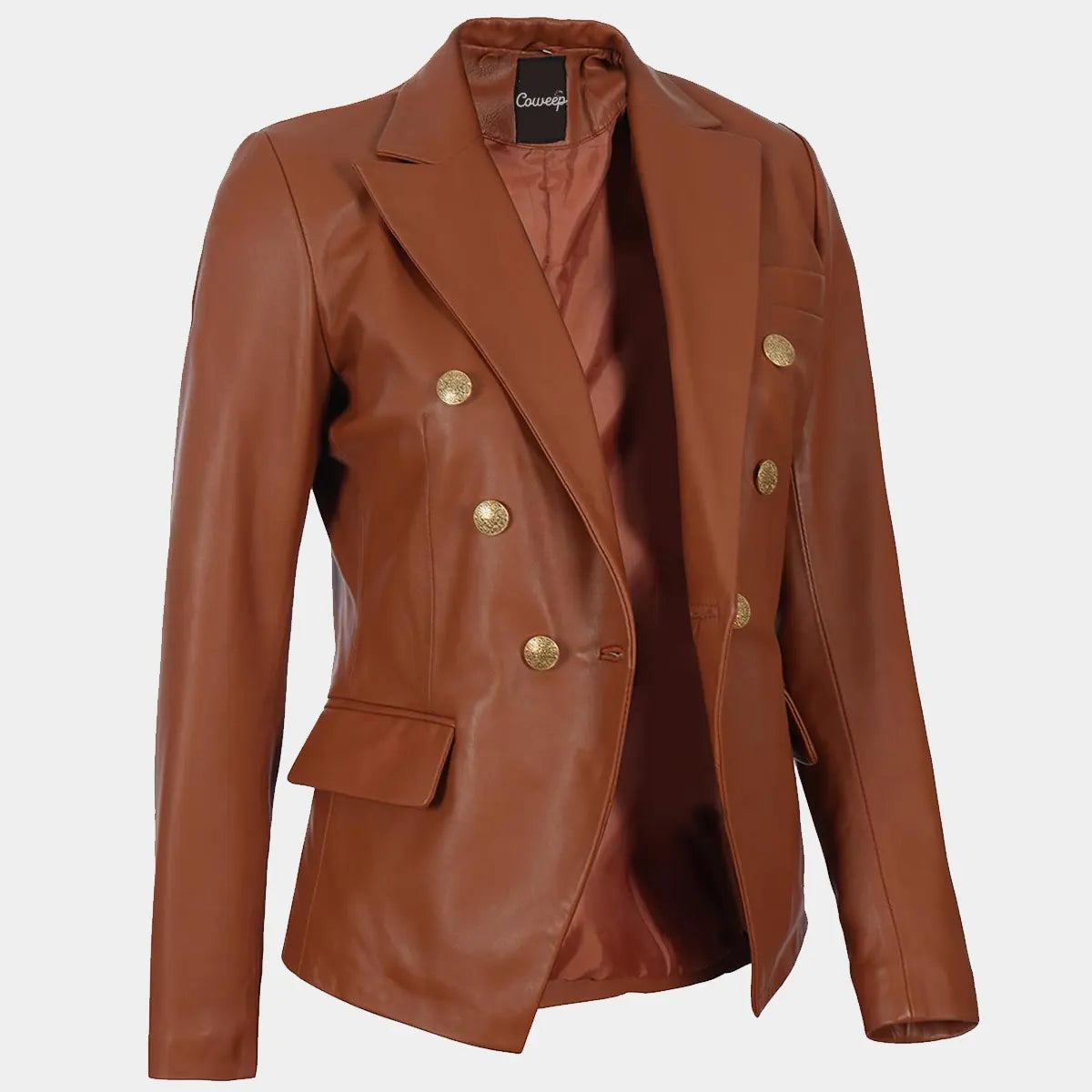 Double Breasted Cognac Leather Blazer Women