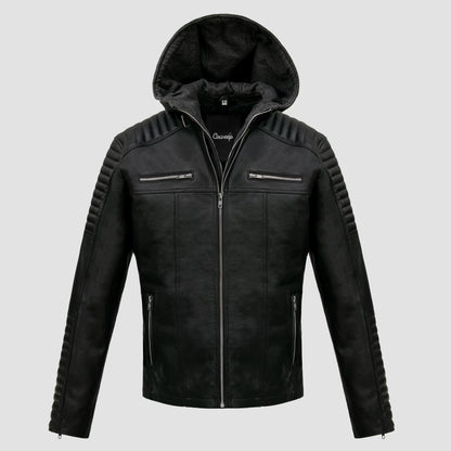 Men hooded Black Leather Jacket Removable Hoodie