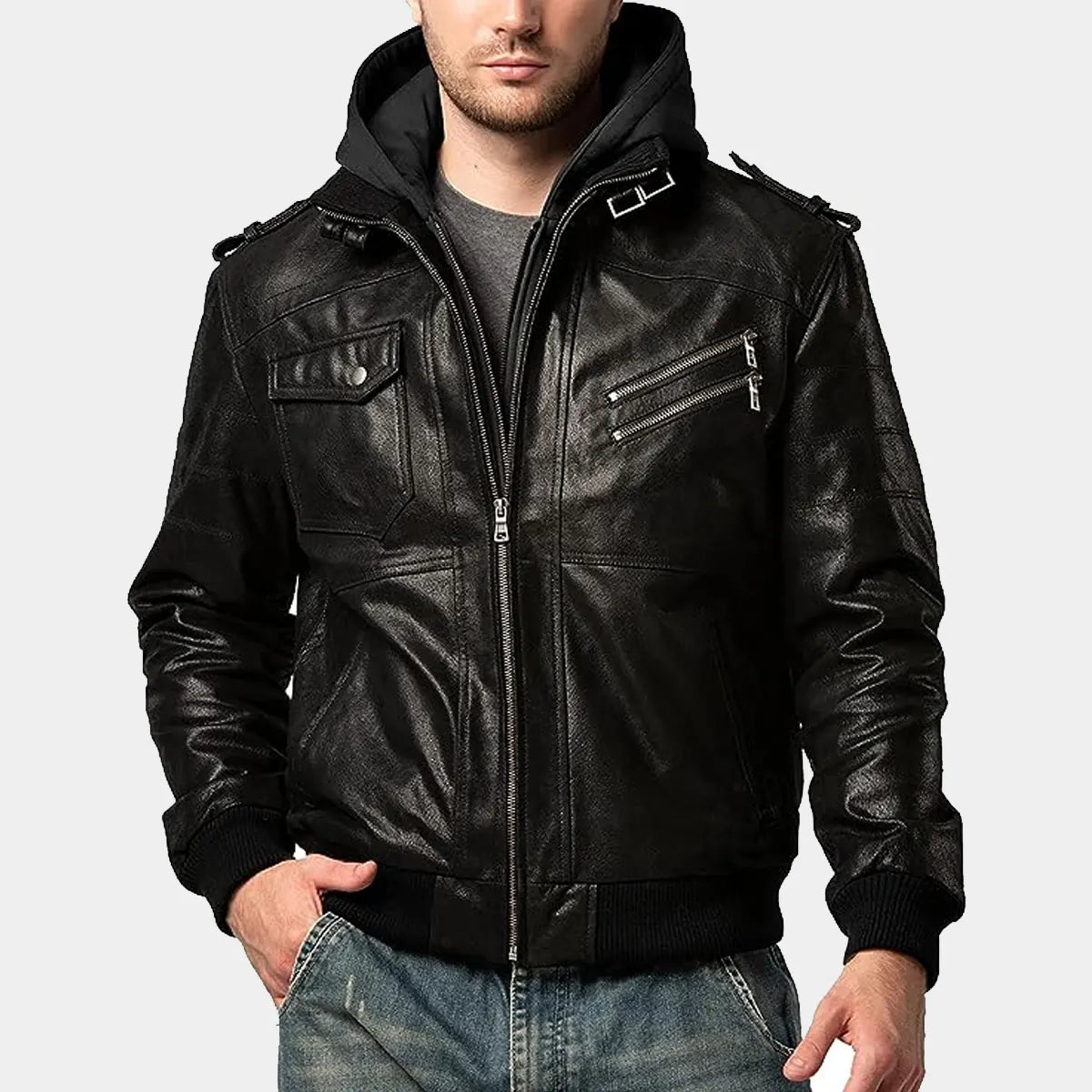 Real Lambskin Leather Black Bomber JacketwithHood