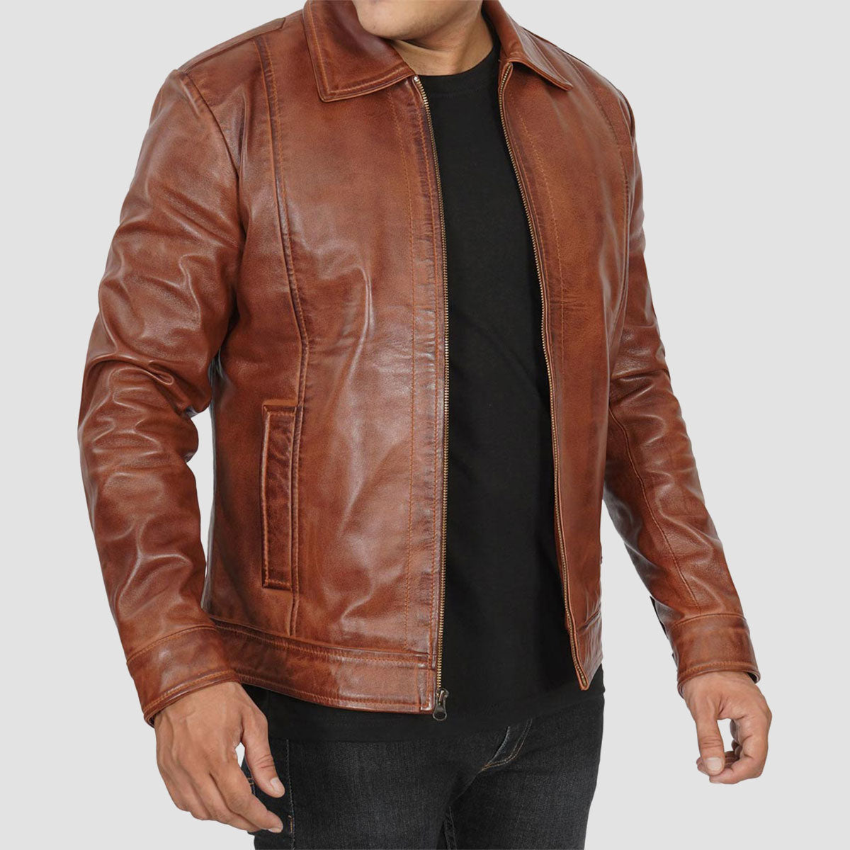 Brown Shirt Collar men stylish leather Jacket 