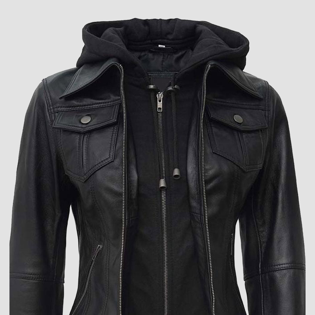 Tralee Black Bomber Women Leather Jacket With Hood