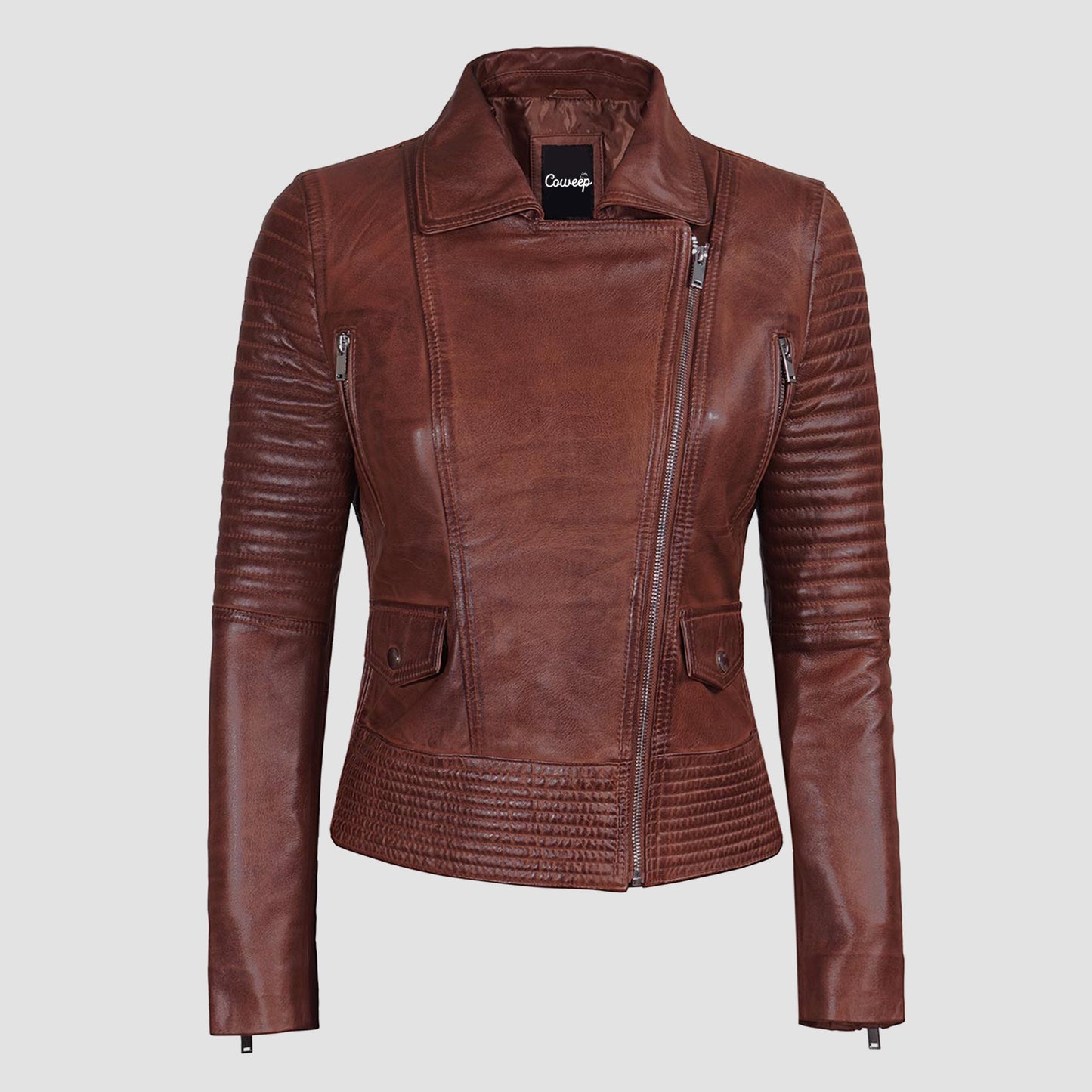 Cognac Brown Leather Biker Jacket Women