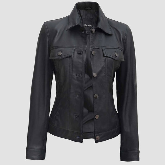 Women Black Leather Trucker Jacket