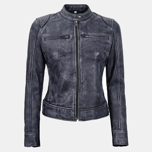 Dodge Cafe Racer Black and White Waxed Leather Jacket for Women