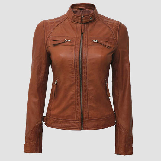 Women Brown Diamond Biker Leather Jacket