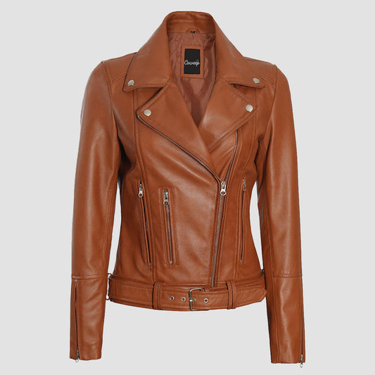 Women Brown Leather Jacket With Belted Waist