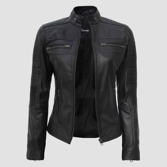 Women Cafe Racer Leather Jacket Black