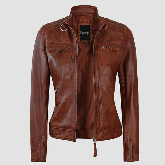 Women Cognac Quilted Shoulder Detailing Motorcycle Jacket