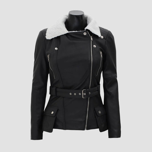 Women's Black Leather Shearling Moto Jacket