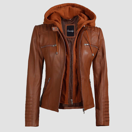 Women's Brown Café Racer Jacket With Removable Hood