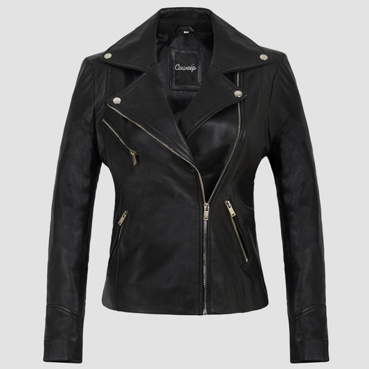 Womens Black Asymmetrical Biker Real Leather Jacket