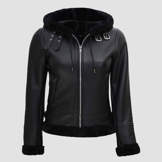 Womens Black Faux Shearling Hooded Leather Jacket