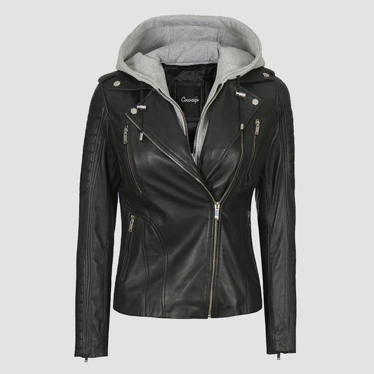 Womens Black Hooded Leather Jacket