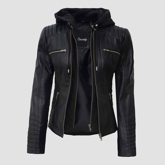 Women Leather Jacket black and hooded 
